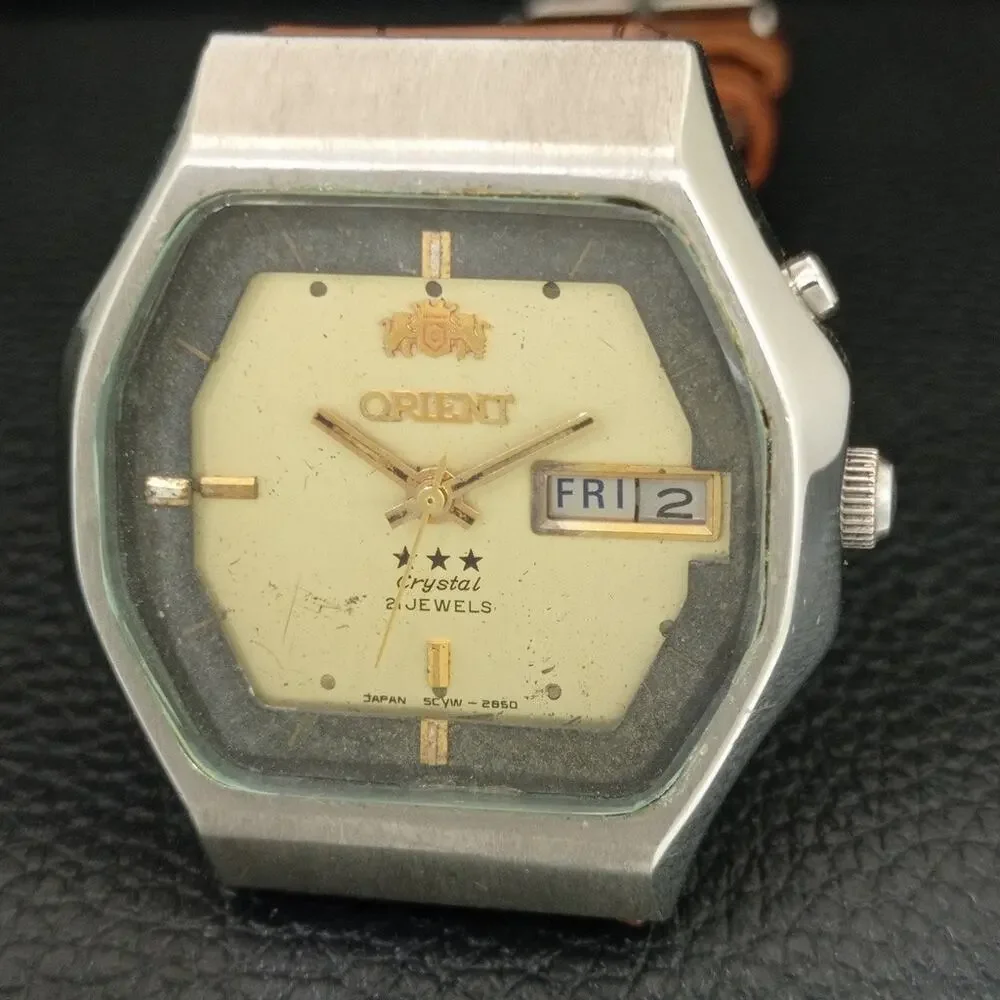 Vintage 1978 Orient Automatic Mens Silver Watch W/daydate & Gold accents